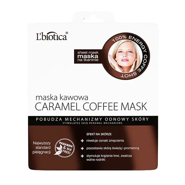 L'BIOTICA Maseczki Na Tkaninie Maska Kawowa Stymulacja odnowy skory 23ml - Caramel Coffee sheet face mask